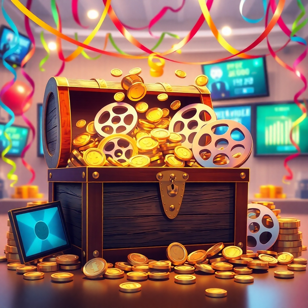 Visualize a treasure chest overflowing with coins and video reels, indicating successful revenue generation from video projects. The environment is bright and celebratory, with streamers and digital screens showcasing earnings and views. The style should feel imaginative and slightly whimsical.