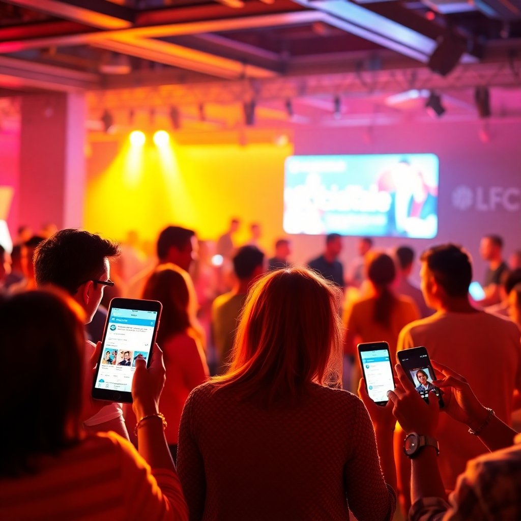 Visualize a vibrant community event where users are actively engaging with SocialTale on their devices. The scene should convey excitement, with attendees discussing social media trends in a colorful, dynamic environment. Use bright colors like reds and yellows to create an energizing atmosphere. The lighting should be bright and celebratory. High-resolution quality will help illustrate the energy of community interaction.