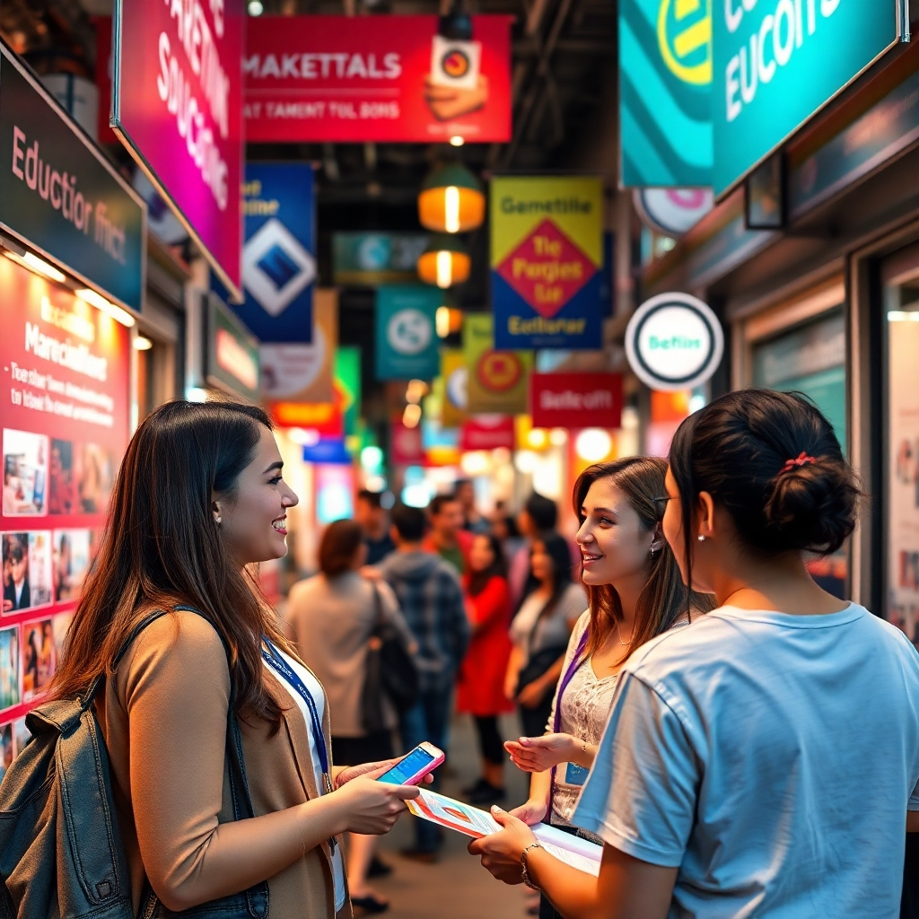 Visualize a vibrant marketplace scene where educators and potential students engage with promotional digital content. Include banners, flyers, and eye-catching displays to signify effective marketing strategies. The ambient lighting should be lively and colorful, creating an inviting atmosphere. Capture this interactive moment from a street-level angle, showcasing the blend of education and community engagement. High-quality, 150-200 words.