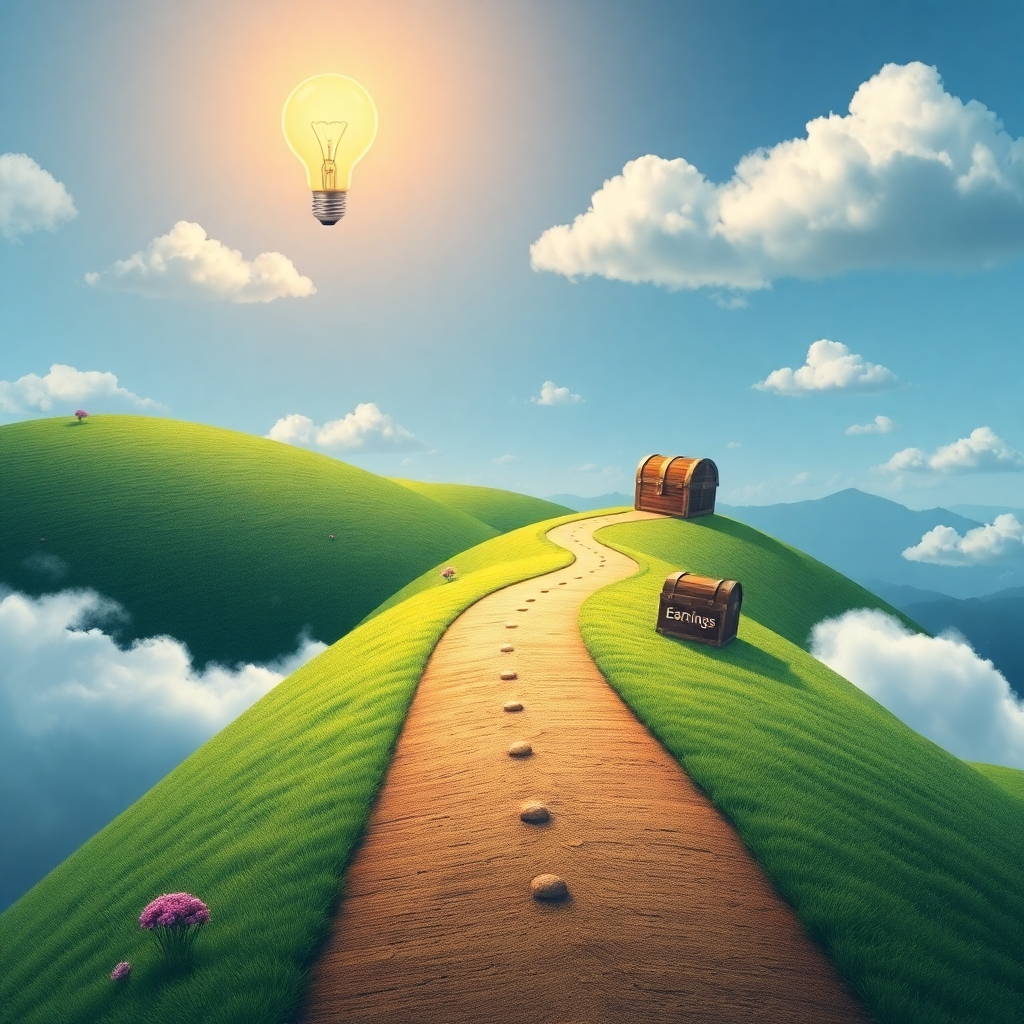 Visualize a winding road leading from a bright idea bulb, through various creative checkpoints, to a distant treasure chest labeled 'Earnings'. The landscape should be lush and inspiring, highlighting creativity at each checkpoint, with soft clouds and uplifting colors enhancing the journey.