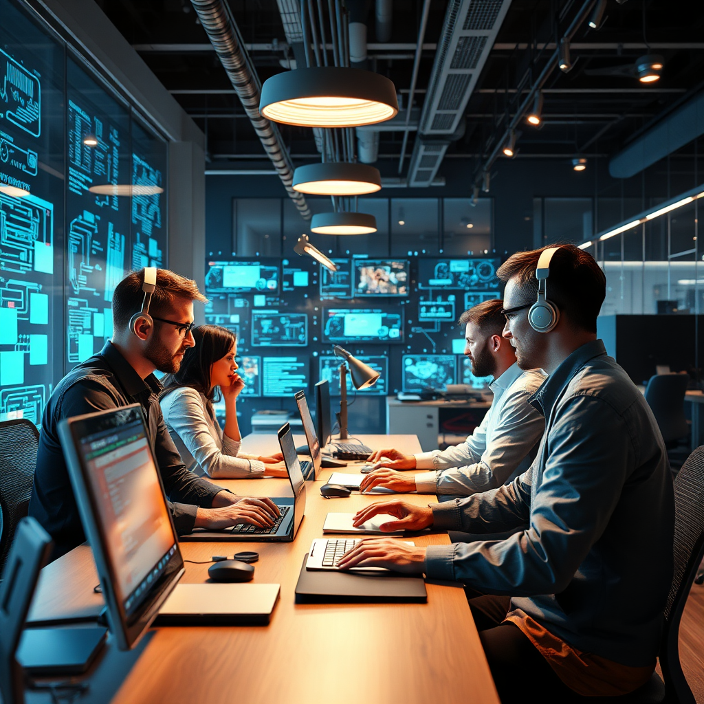 Visualize an active team working effectively through automated AI technologies. Use dynamic angles to capture the energy in the room, with bright lighting that enhances productivity. Cool colors should signify tech advancement while keeping a professional tone. Emphasize texture and detail in technology and workspaces for added realism.