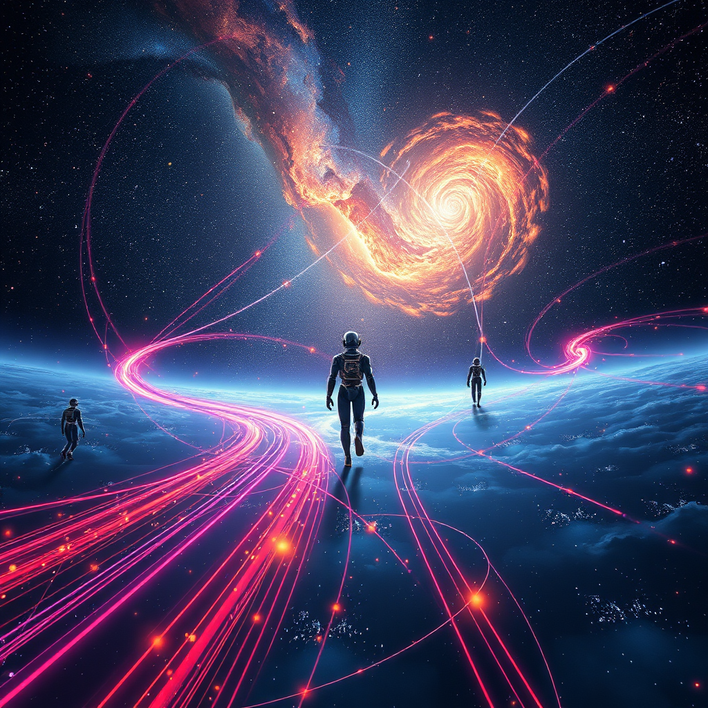 Visualize an expansive universe where multiple A.I. clones venture into new realms of potential. Each clone should represent different creative solutions and possibilities illustrated with colorful trails. The space should feel vast and infinite, with stars and swirling galaxies. Use a dynamic perspective to make the viewer feel part of the journey into limitless creativity. The style should be vibrant, hyperrealistic, and the specifications should be aimed for stunning visual impact.