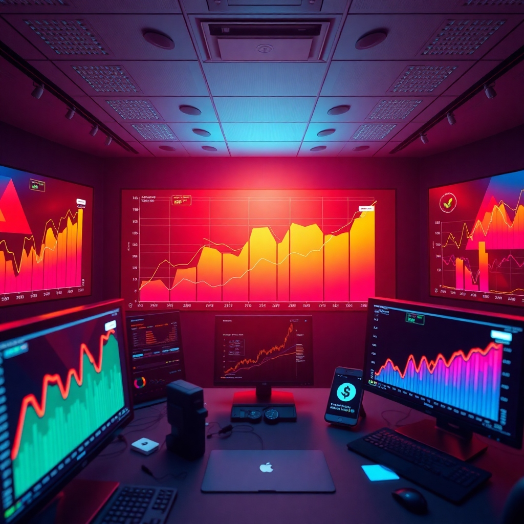 Visualize an eye-catching image where graphs showing growth and success appear on multiple screens in a digital control room. The dominant color tones should be bright and encouraging, emphasizing growth, with vibrant light shining from the screens. Incorporate elements like virtual currency symbols and checkmarks to signify success and profitability. The image should invoke feelings of achievement through technology.