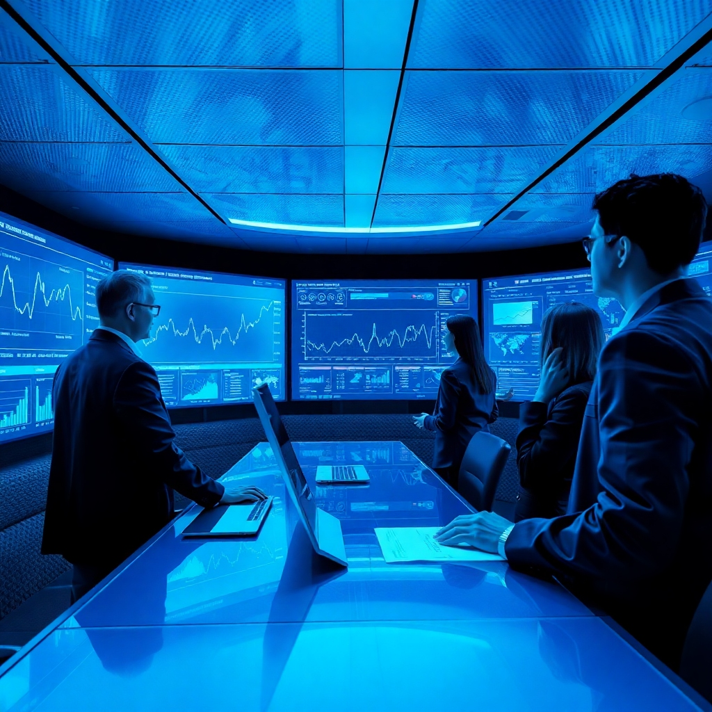 Visualize an immersive, photorealistic image where analysts are observing data trends and insights on sophisticated screens. The environment should be dynamic, with solid blue tones emphasizing intelligence and professionalism. Textured surfaces should abound, with ambient light enhancing the analytical focus. This piece should represent sophisticated research and data analysis.