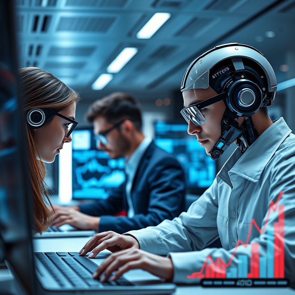 Visualize an impressive digital interface where AI clones operate seamlessly alongside human employees. A modern office backdrop enhances the narrative of innovation and technology. Use sharp, cool lighting to create a futuristic vibe, clearly capturing faces focused on their tasks with AI support. The camera angle should give a panoramic overview of the workplace, showcasing collaboration in action. Include high-tech elements like screens with evolving data graphs, accentuating a modern aesthetic in a high-resolution format.