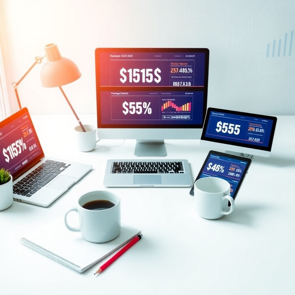 Visualize an innovative workspace featuring the latest digital sales tools in action. Include devices like laptops, tablets, and smartphones displaying vibrant sales statistics. Employ a modern style with a light color palette, predominantly whites and soft blues, to evoke a sense of freshness. Include props like notepads and coffee mugs subtly integrated into the scene. The image should be bright and inviting, showcasing a space where creativity and technology meet. Focus on creating a visually captivating workspace.