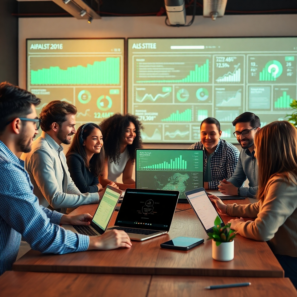 Visualize an inspiring, photorealistic image that encapsulates the essence of AIBot Studio. The scene should depict a diverse team collaborating around a digital workspace filled with AI charts and metrics. The lighting should be warm, creating a welcoming atmosphere, while the color palette includes greens and blues to represent growth and technology. Textured surfaces like wood and metal should add depth, and props like laptops and tablets emphasize innovation. The image should be of high quality in 4K resolution.