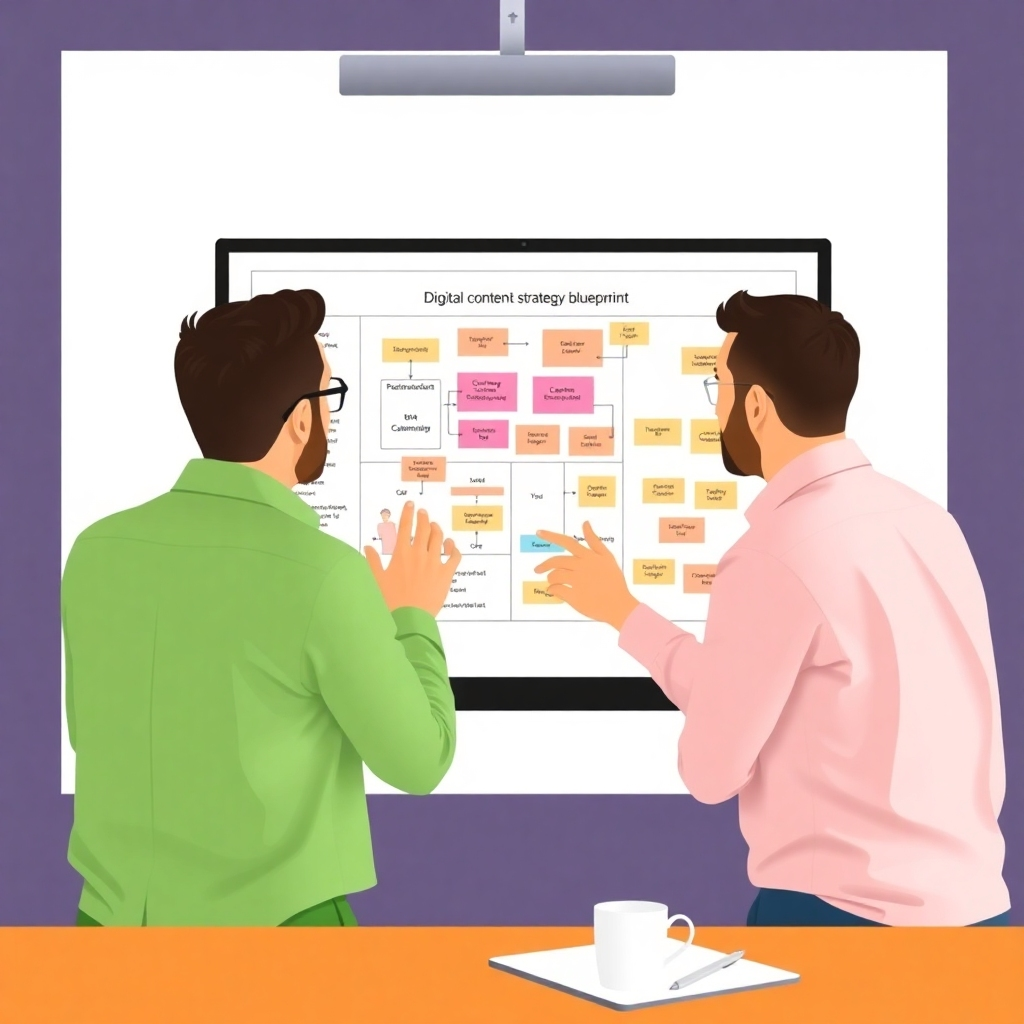 Visualize an interaction between a client and a consultant, brainstorming over a digital content strategy blueprint on a screen. Use warm, inviting colors to symbolize collaboration and the creative process, ensuring clarity in the plans represented in the image.