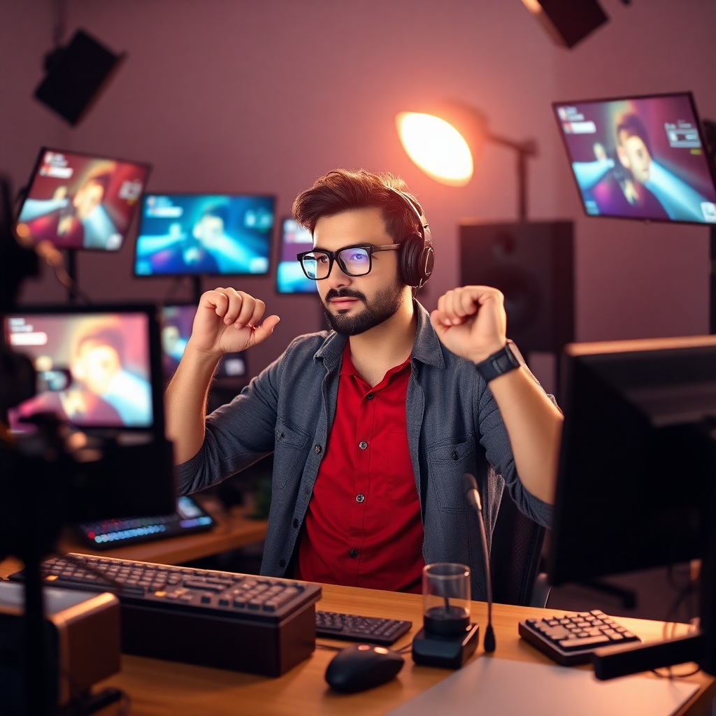 Visualize personal empowerment through an image of an entrepreneur confidently overseeing their video production set. The scene should highlight personal ownership of creative power, with tools and screens reflecting a dynamic workflow. The lighting should be strong and confident, enveloped in refreshing color schemes that motivate action and inspire individual entrepreneurship.