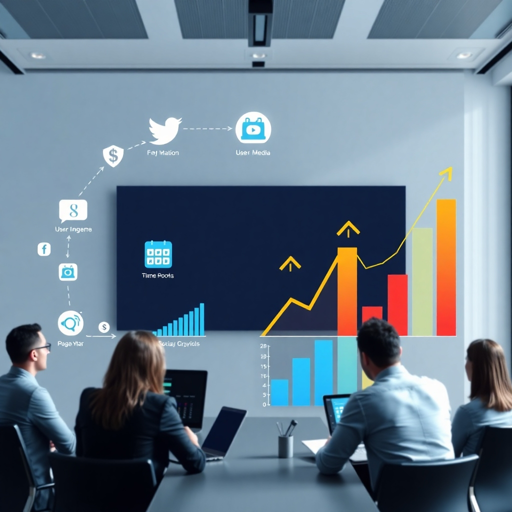 Visualize the journey of user engagement transforming into revenue growth. The image should illustrate a flowchart from social media icons and interactions directly leading to upward-trending financial graphs. Clients analyzing this data should be present in a modern conference room. Opt for a color palette combining financial blues with lively social colors, ensuring clarity and vibrancy in the technical visuals. The scene should inspire confidence in data’s ability to drive revenue, rendered in high quality.