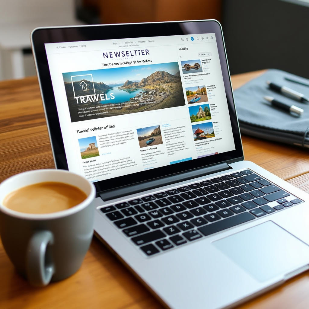 A laptop displaying an opened newsletter with travel-related articles, accompanied by a cup of coffee. Style: Clean, digital, fresh. Technical Specs: 4k, natural lighting, medium shot.