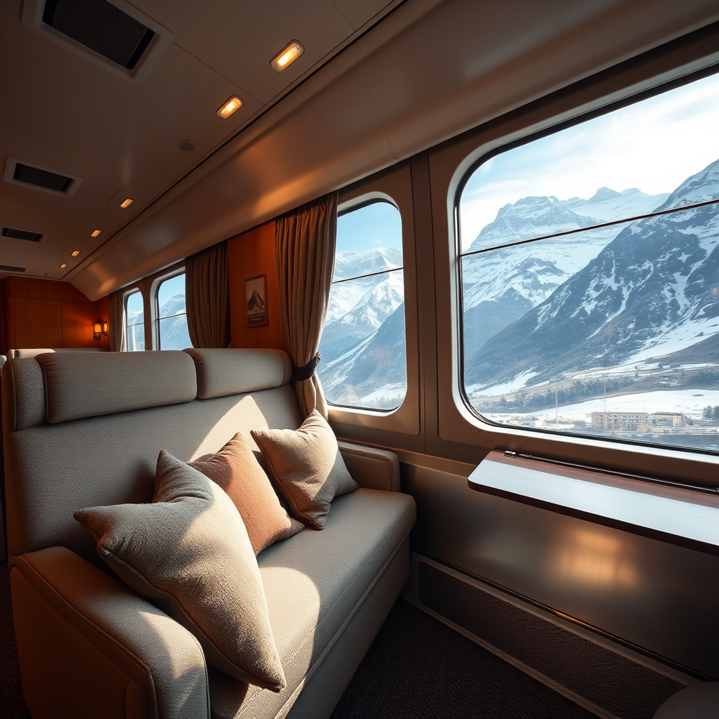 A luxury train compartment interior, showcasing plush seating and a panoramic window displaying Swiss Alps. Soft, ambient light creates a relaxing atmosphere. Style: Elegant, travel-focused, comfortable. Technical Specs: 4K, soft lighting, wide-angle lens.