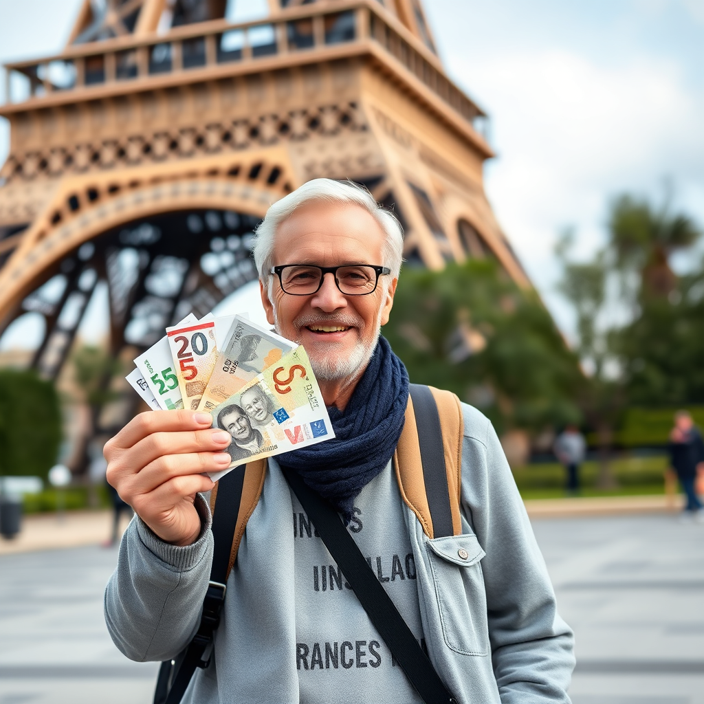 A smiling senior traveler holding foreign currency in front of the Eiffel Tower, signifying value and affordability. Style: Happy, travel-oriented, economical. Technical Specs: 4K, natural lighting, medium shot.