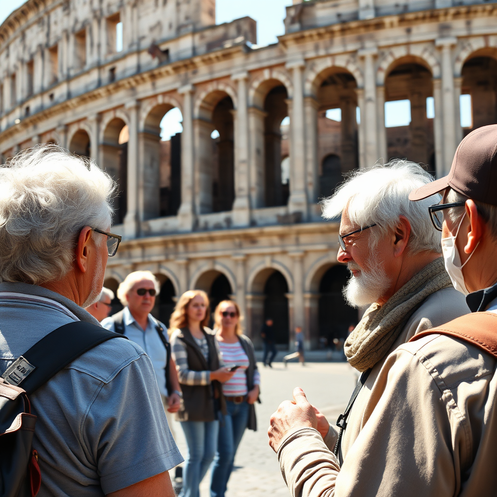 An experienced tour guide explaining historical facts to a small group of senior travelers in front of the Colosseum in Rome. Natural, sunny lighting. Style: Informative, historical, engaging. Technical Specs: 4K, natural lighting, medium shot.