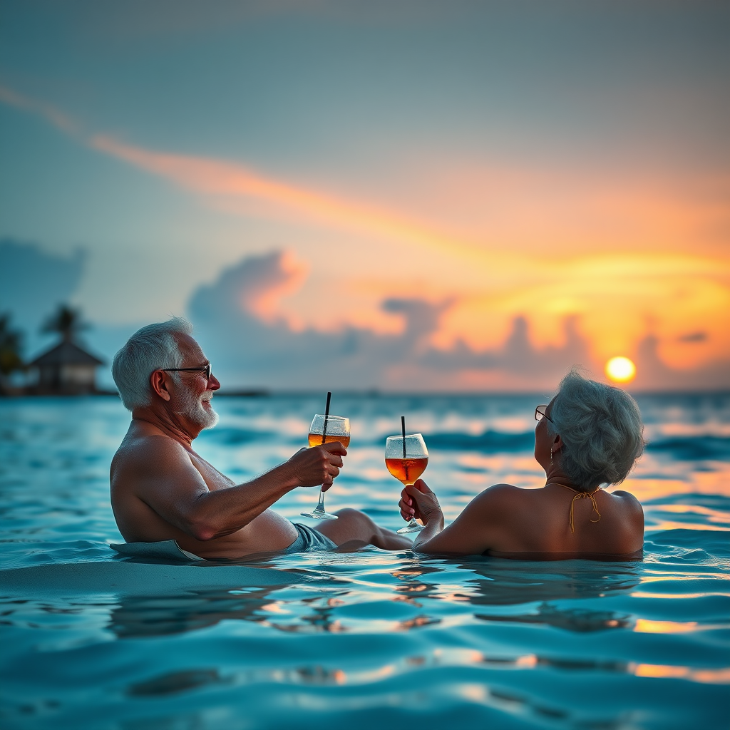 Senior couple relaxing on a beach in the Caribbean, enjoying cocktails and a beautiful sunset. Soft, warm lighting. Style: Relaxing, vacation-oriented, peaceful. Technical Specs: 4K, natural lighting, wide shot.