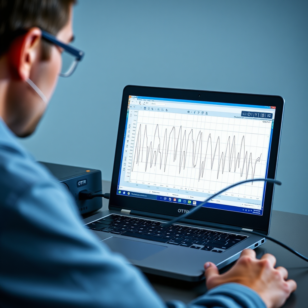 A technician analyzing an OTDR trace on a laptop screen, with a fiber optic cable connected to the OTDR unit. The screen should display a detailed graph. Style: Analytical, informative, and professional.