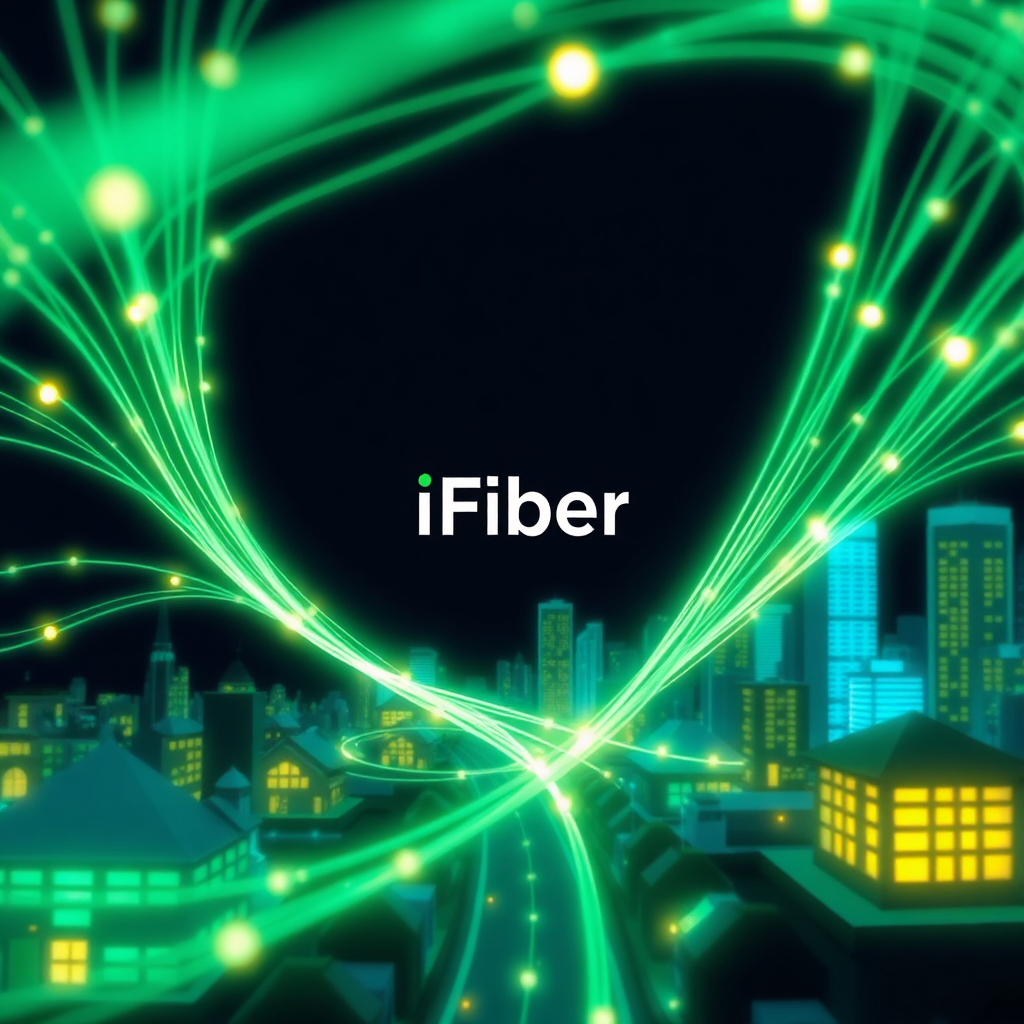Create a 4K resolution image symbolizing LAIDLAW’S PA Firm's commitment to iFiber. The scene should feature a stylized representation of a fiber optic cable branching out to connect homes and businesses in a futuristic cityscape. The cables glow with a soft, inviting light, emphasizing connectivity and reliability. In the center, subtly include the LAIDLAW’S PA Firm logo integrated into the cityscape's design. Use a color palette of deep blues and vibrant greens to represent technology and growth. The camera angle should be a slightly elevated wide shot to showcase the breadth of the network. The overall style is modern, clean, and technologically advanced.