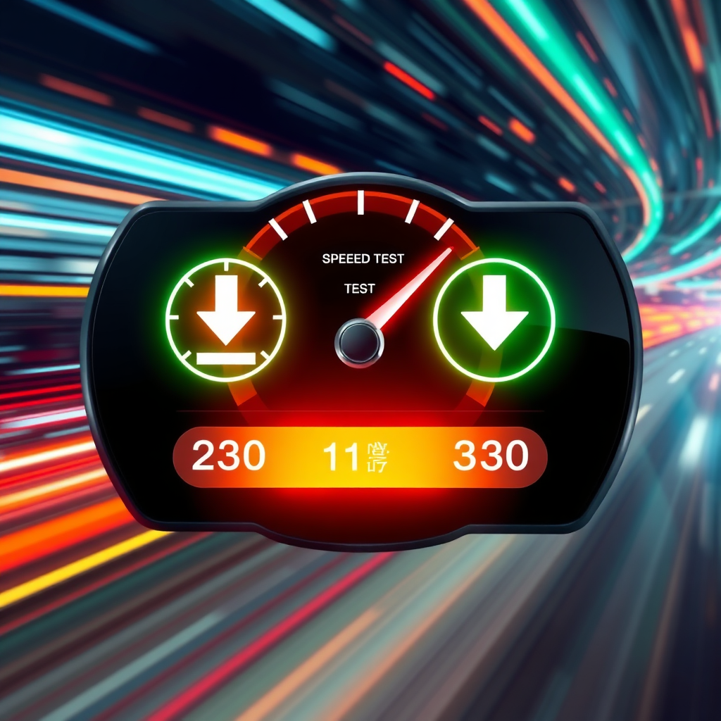 Create an image showcasing a speed test interface with exceptionally high download and upload speeds. The background should feature abstract representations of data streams moving at incredible velocity. Use vibrant colors and dynamic lighting to convey a sense of speed and power. The style should be modern and tech-forward.