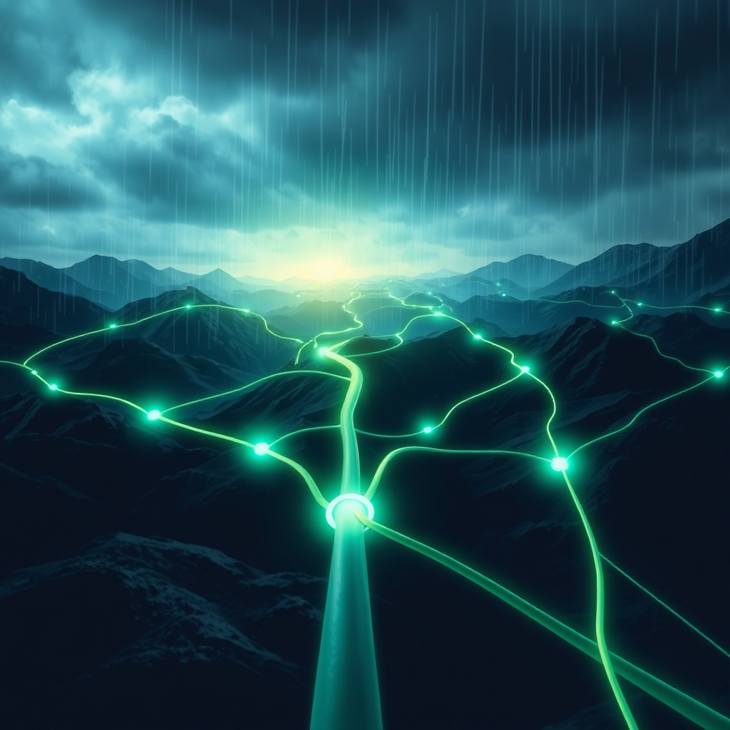 Depict a resilient fiber optic cable network with connections visualized as unwavering beams of light. The setting is a stormy landscape, but the iFiber connections remain strong and unbroken. The color palette should include deep blues and greens, symbolizing reliability and stability.