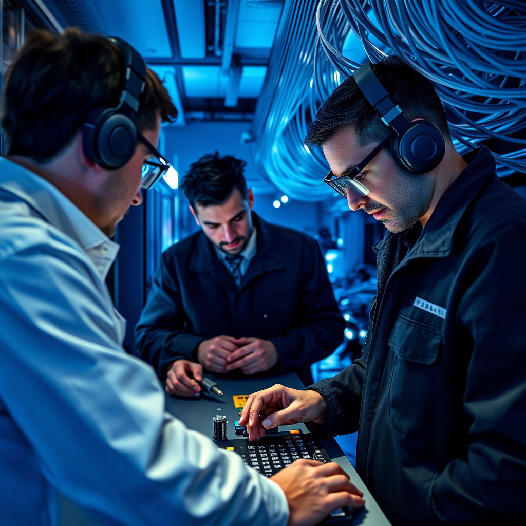 Depict a team of engineers meticulously working on fiber optic infrastructure, showcasing their dedication and expertise. The setting should be a technologically advanced control room. Use a cool color palette to emphasize precision and technical skill.