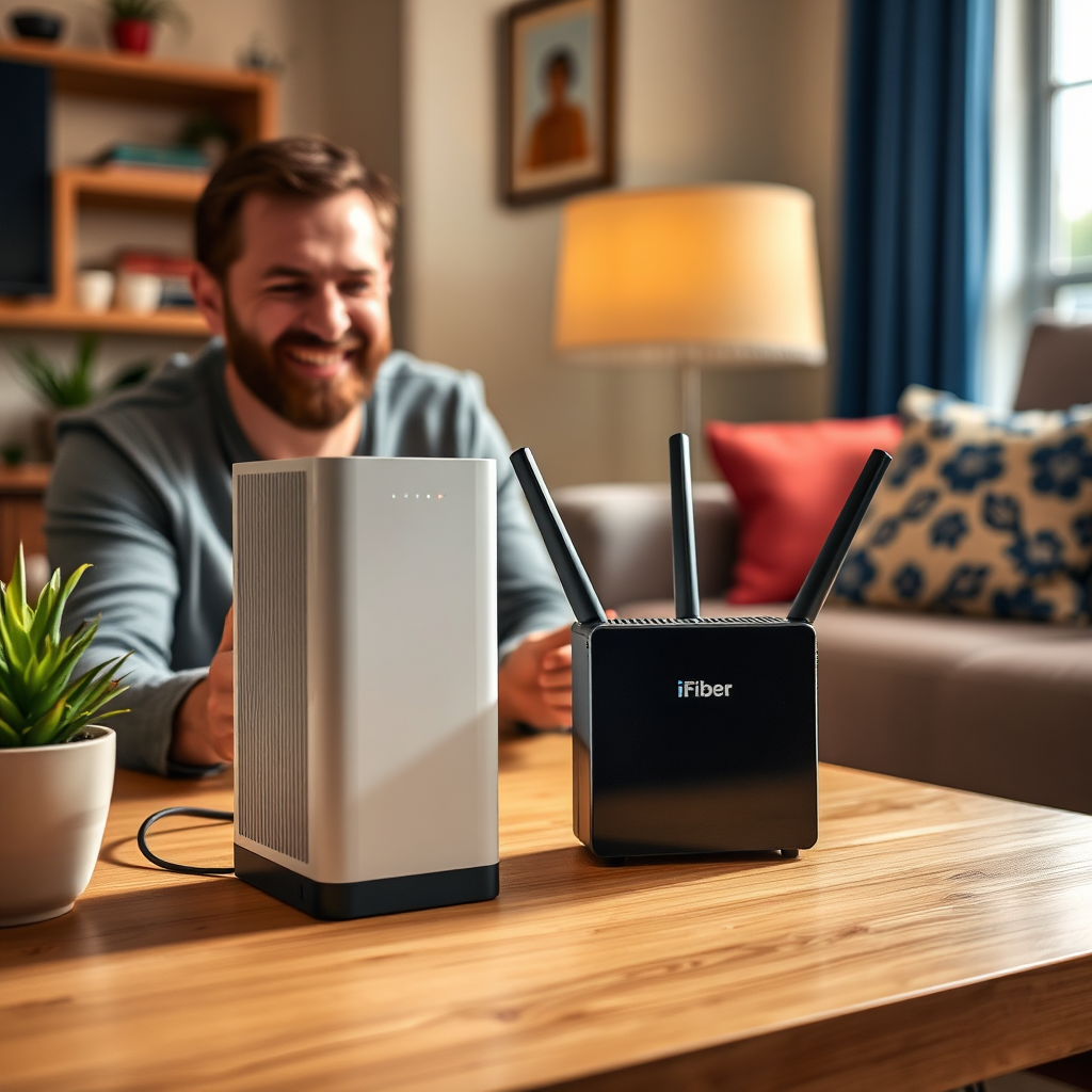 Showcase a customer upgrading their iFiber connection with a newer, faster modem and router. The scene should convey a sense of excitement and progress. Use a vibrant and energetic color palette.