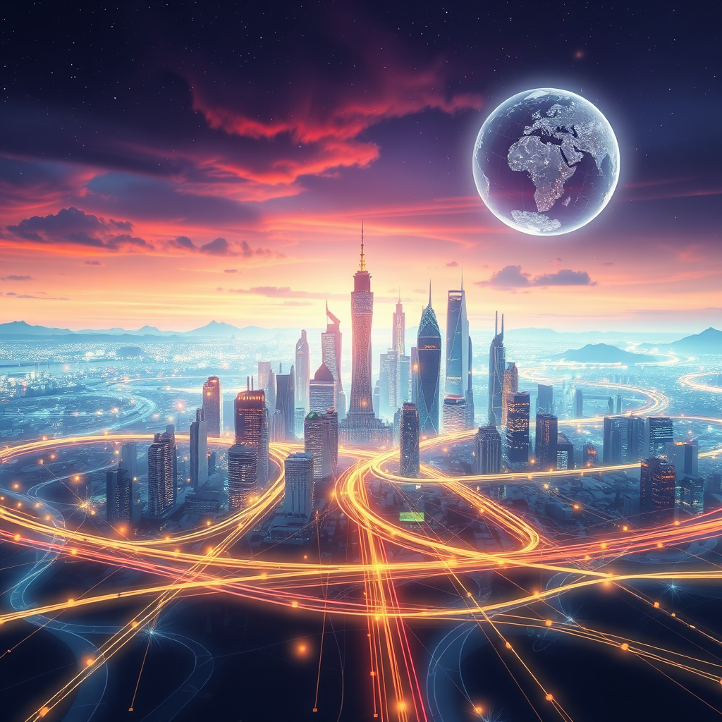 Visualize a futuristic cityscape powered by a vast network of fiber optic cables. The scene should convey a sense of progress and innovation. Use a vibrant and optimistic color palette to symbolize future connectivity.