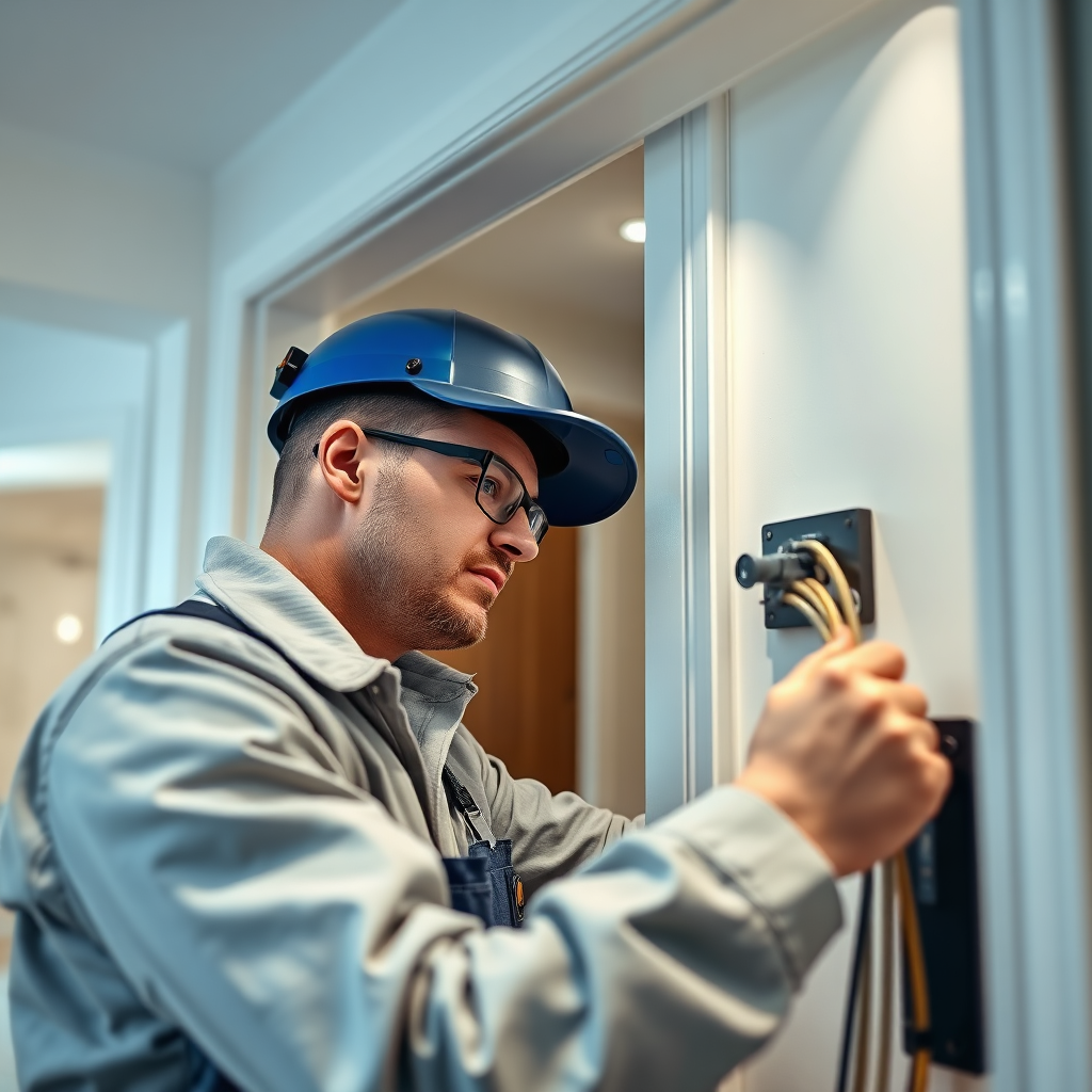 Visualize a technician expertly installing a fiber optic cable into a home, ensuring a seamless connection. The setting is a clean and modern residential environment. The lighting should be bright and professional.