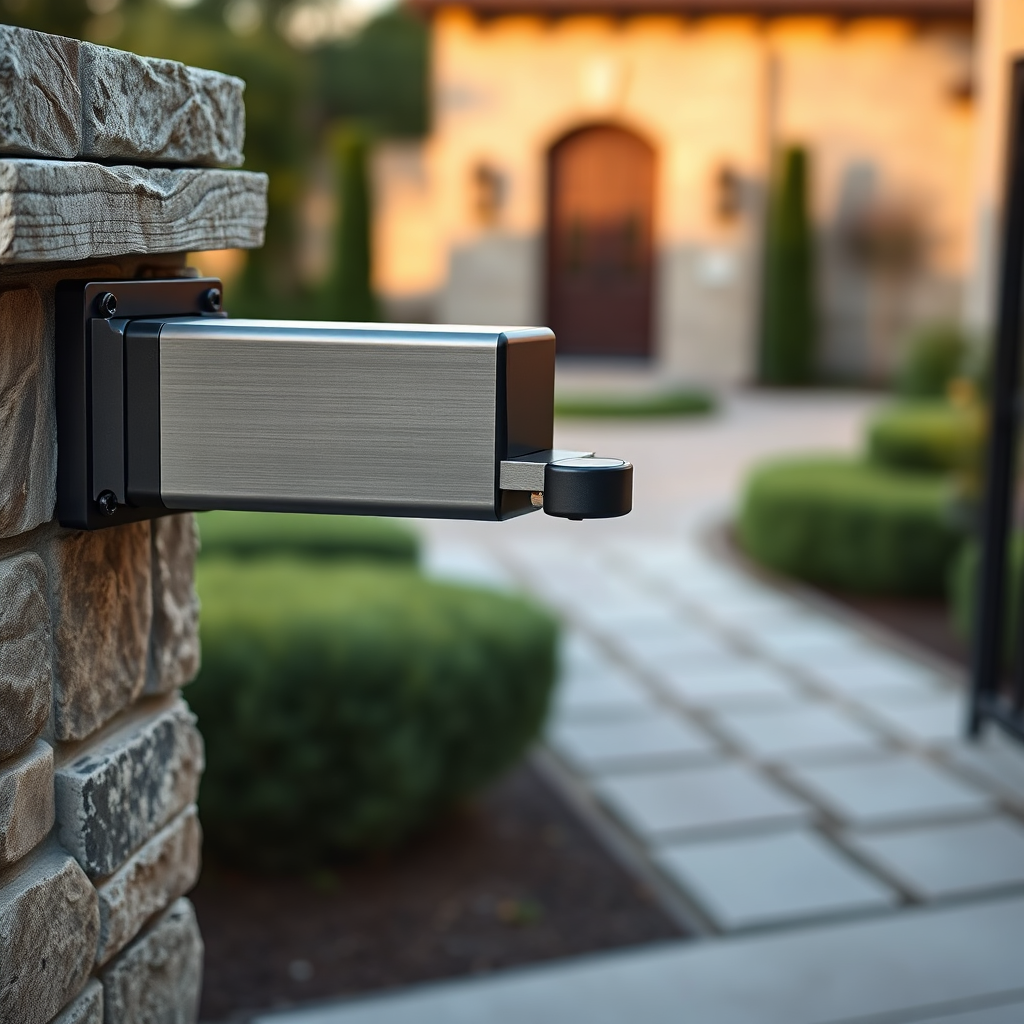 Close-up of a modern swing arm gate motor