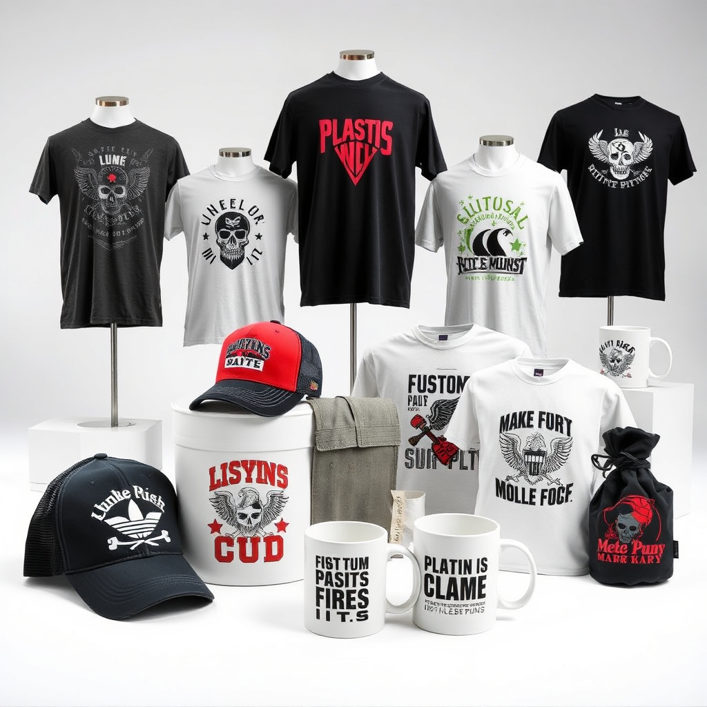 Custom printed t-shirts, caps, and mugs