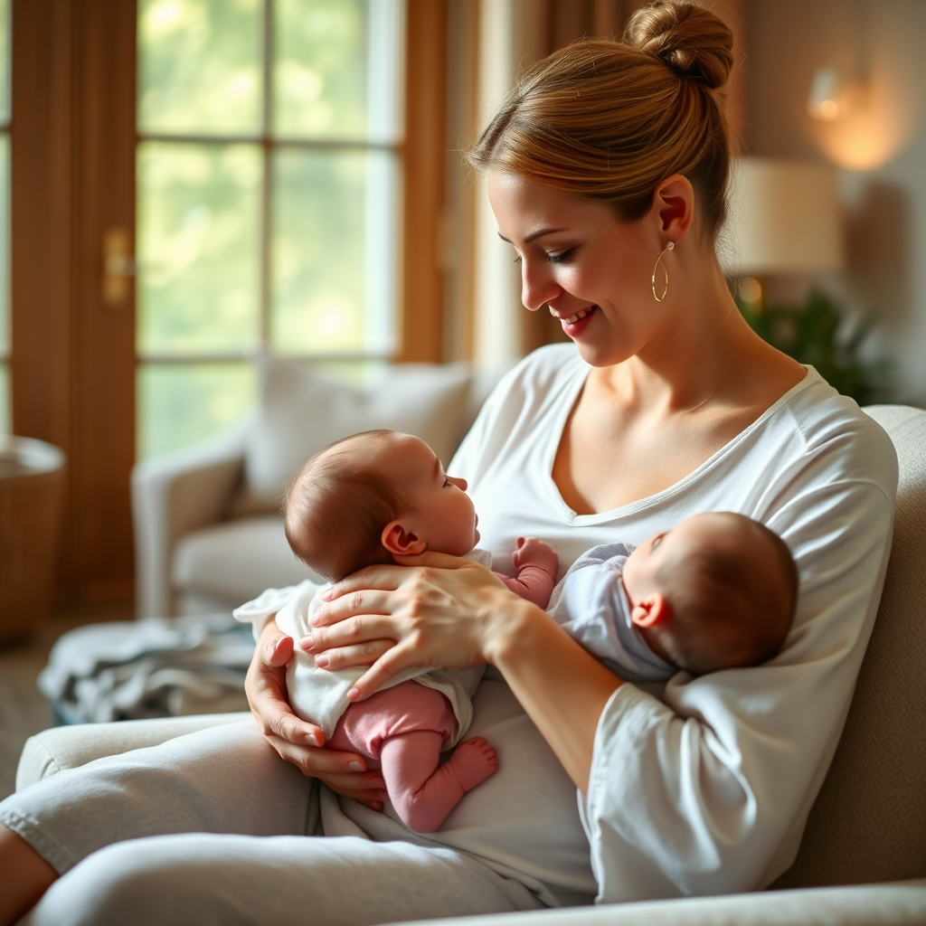 A mother and baby in a calming post-pregnancy care setting