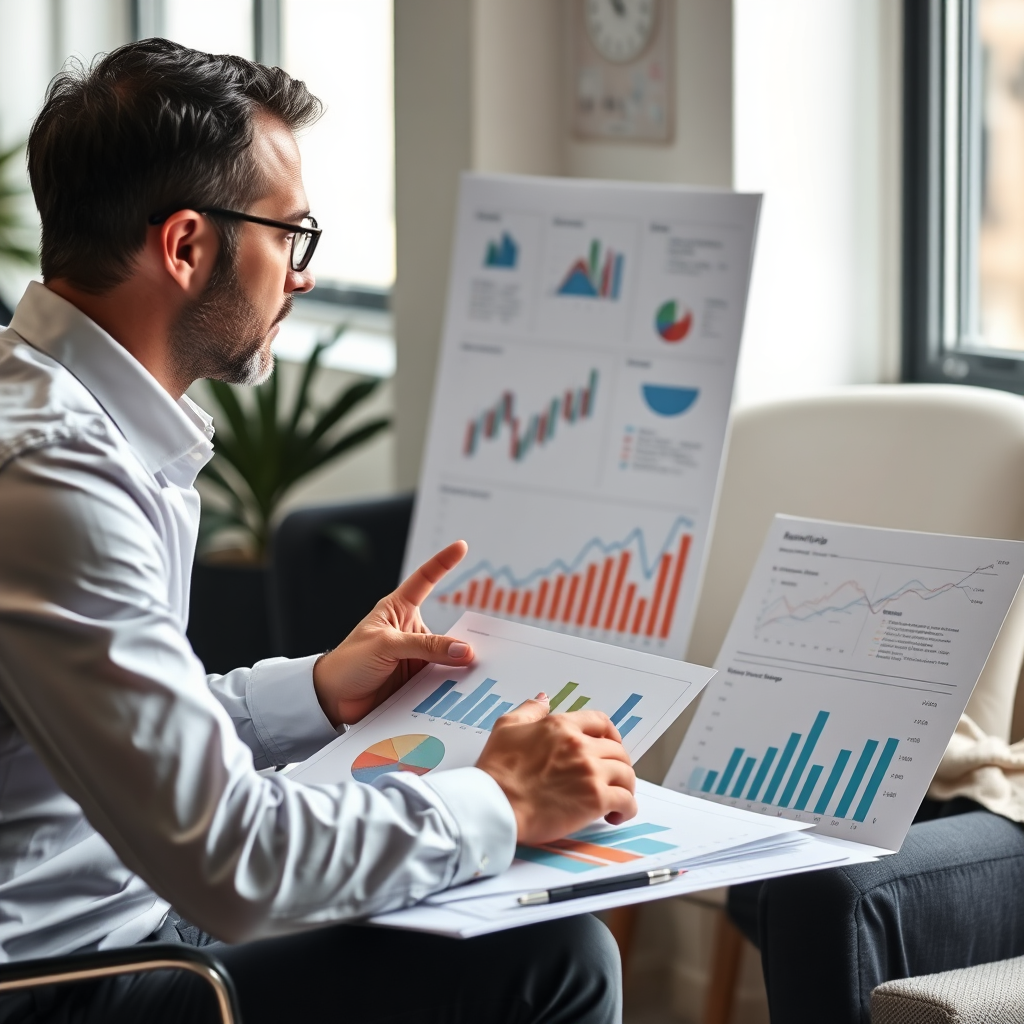 A financial consultant is engaged in a deep conversation with a client. They are surrounded by charts and graphs that visually illustrate the client's financial situation and potential strategies. The setting is a modern office with soft, natural light that creates an atmosphere of trust and collaboration.