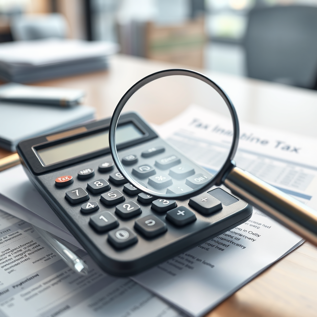 A photorealistic image depicting a calculator resting on top of a stack of financial documents. A magnifying glass is hovering over a specific section of the documents, symbolizing scrutiny of tax implications. The background should be a professional office environment. The lighting should be bright and focused. Camera angle: close-up, focusing on the calculator and the financial documents. Technical specs: 8K resolution, hyperrealistic rendering, detailed calculator and paper texture, focused lighting.