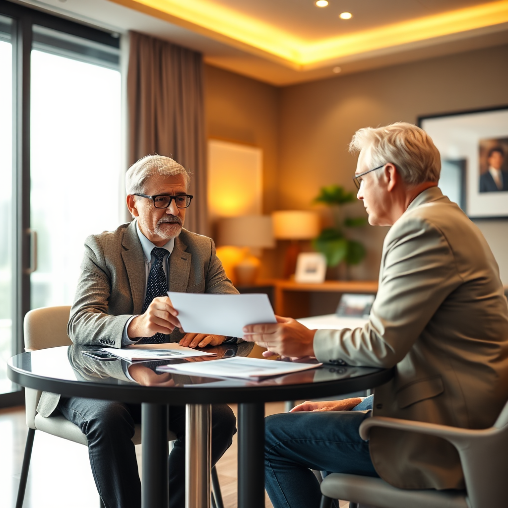 A photorealistic image depicting a one-on-one consultation between a client and a financial advisor. They should be seated at a table, reviewing financial documents and discussing investment strategies. The background should be a comfortable and professional office environment. The lighting should be warm and inviting. Camera angle: medium shot, focusing on the client and the advisor. Technical specs: 8K resolution, hyperrealistic rendering, detailed textures, natural lighting.
