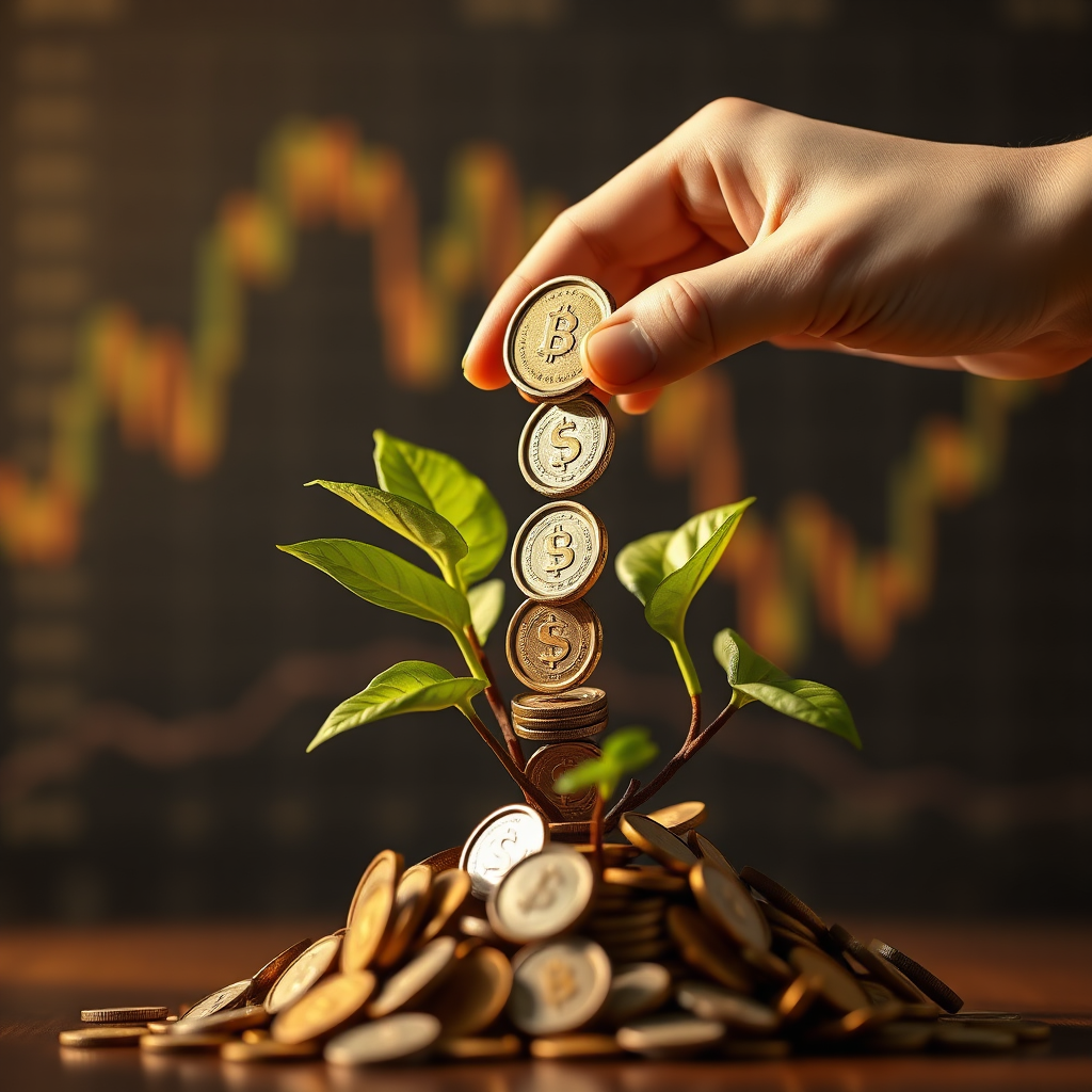 A photorealistic image depicting a hand gently withdrawing a stream of coins from a stylized, lush green mutual fund plant. The coins should represent regular income, and the plant should symbolize growth and investment. The background should be a soft, blurred financial chart. Lighting should be soft and golden, emphasizing the positive flow of funds. Camera angle: close-up, focusing on the hand and the flow of coins. Technical specs: 8K resolution, hyperrealistic rendering, detailed coin texture, shallow depth of field.
