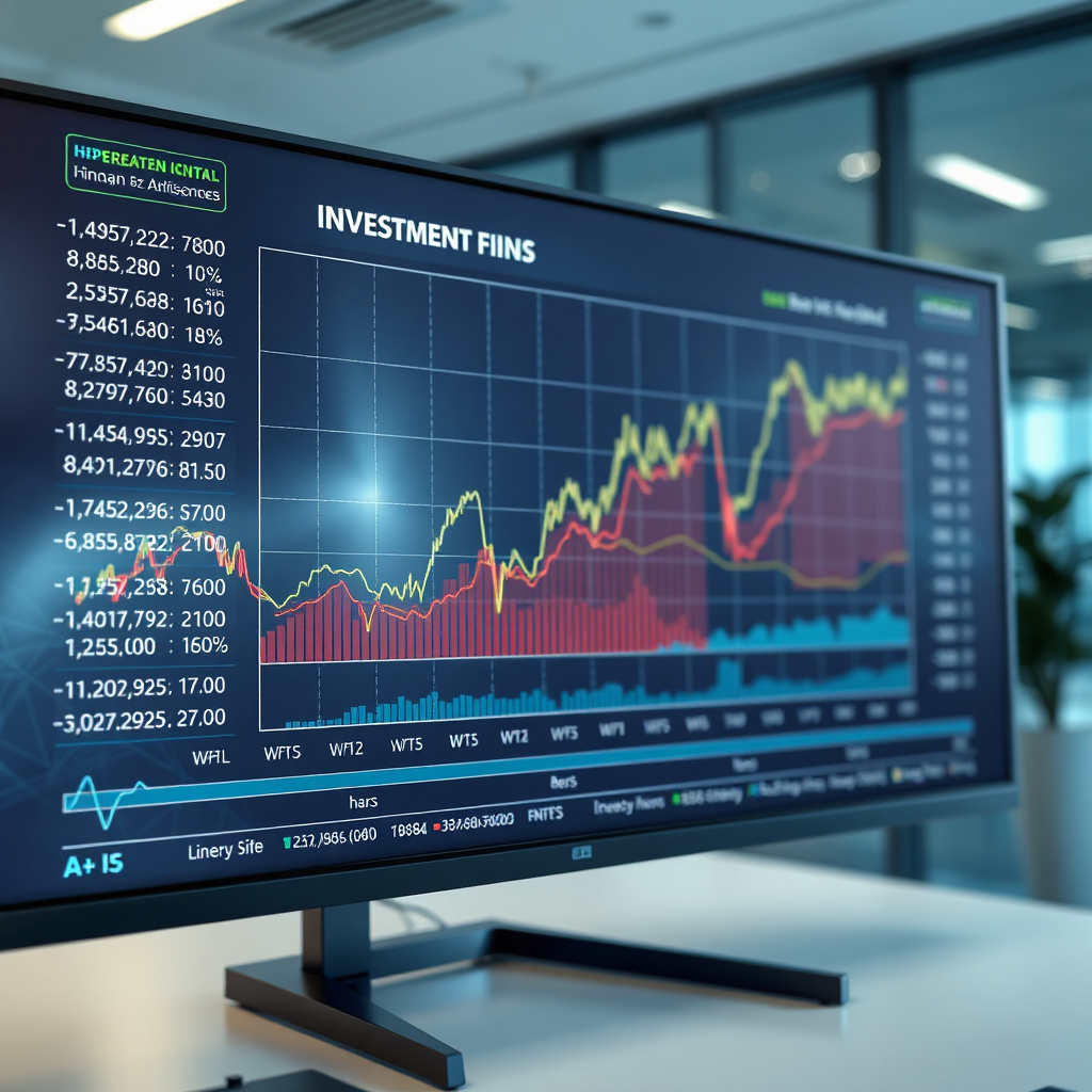 A photorealistic image depicting a detailed financial chart with various investment options highlighted. The chart should be displayed on a large monitor. The background should be a professional office setting. Lighting should be bright and analytical. Camera angle: close-up, focusing on the financial chart. Technical specs: 8K resolution, hyperrealistic rendering, detailed chart and monitor texture, focused lighting.