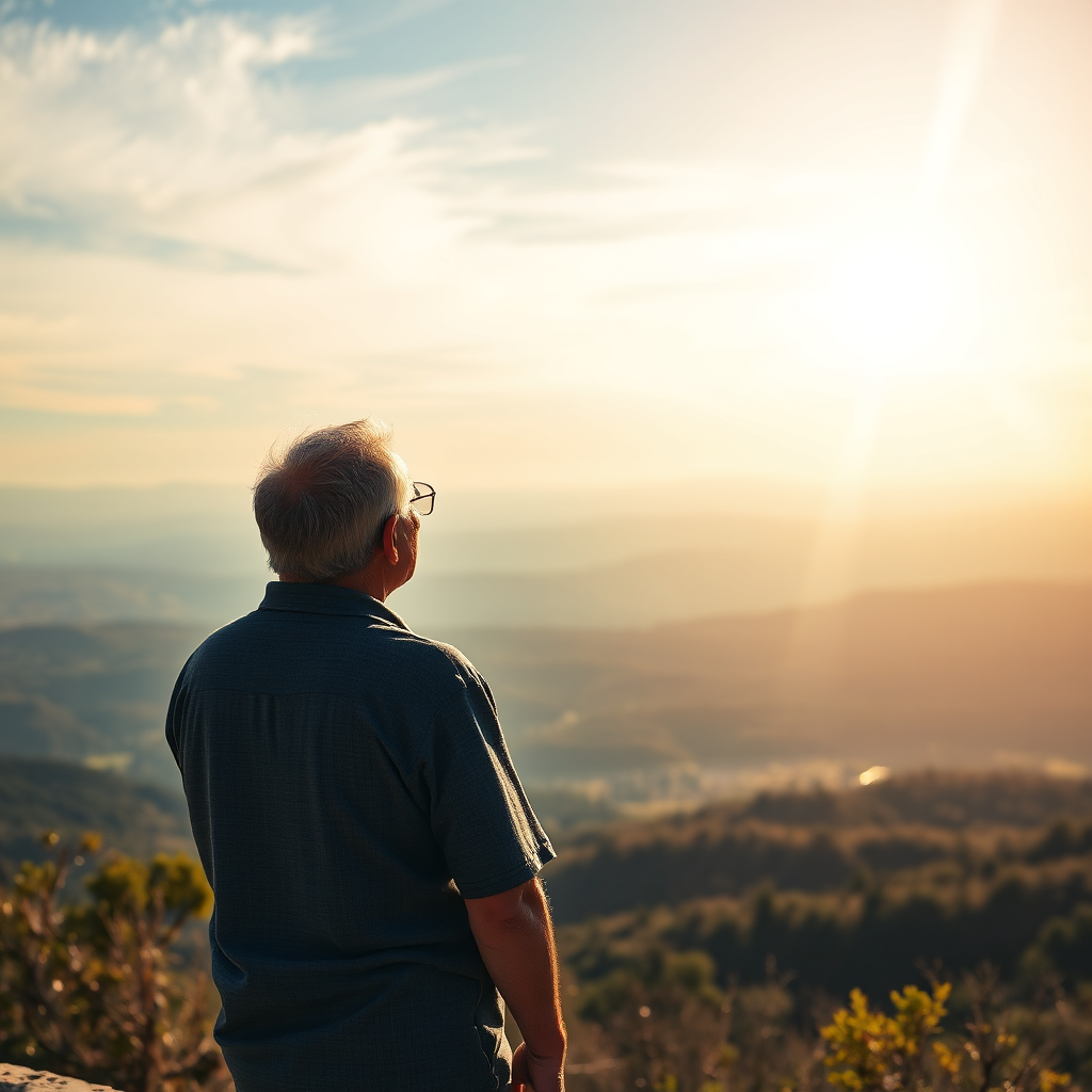 A photorealistic image depicting a person looking out at a scenic vista, representing a secure retirement. The person should be silhouetted against a bright, sunny sky. The background should be a breathtaking landscape, symbolizing a long and fulfilling life. Lighting should be warm and optimistic. Camera angle: wide shot, focusing on the person and the expansive landscape. Technical specs: 8K resolution, hyperrealistic rendering, detailed landscape texture, dynamic range.