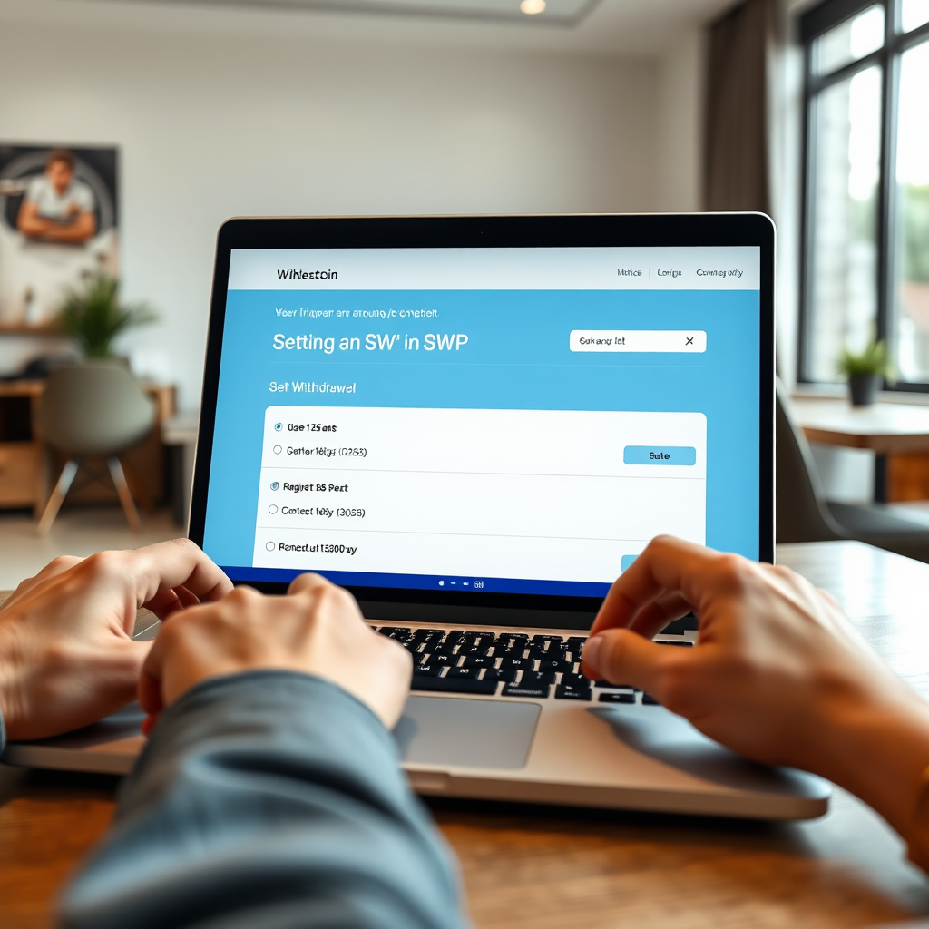 A photorealistic image showing a person setting up an SWP on a laptop. The laptop screen displays a user-friendly interface with clear options for setting the withdrawal amount and frequency. The person's hands should be visible, interacting with the keyboard and mouse. The background should be a modern home office. Lighting should be bright and professional. Camera angle: medium shot, focusing on the laptop screen and the person's hands. Technical specs: 8K resolution, hyperrealistic rendering, detailed laptop texture, natural lighting.