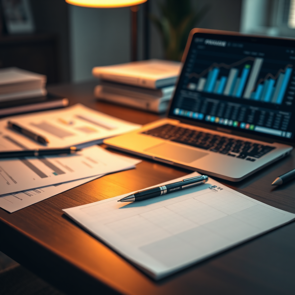 Create a photorealistic image of a well-organized desk with financial documents, a laptop displaying charts, and a pen resting on a notepad. The scene should convey a sense of professionalism, order, and planning. Use warm, inviting lighting. The color palette should be muted and sophisticated, with hints of blues and greens. This image should evoke a sense of trust, expertise, and comprehensive financial planning.