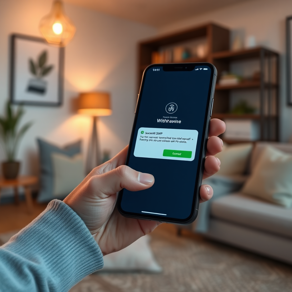 Create a photorealistic image showing a person receiving a notification on their smartphone indicating a successful SWP withdrawal. The background should be a modern apartment. The lighting should be soft and warm, creating a sense of comfort and security. Camera angle: close-up, focusing on the smartphone screen and the person's hand. Technical specs: 8K resolution, hyperrealistic rendering, detailed smartphone texture, soft lighting.