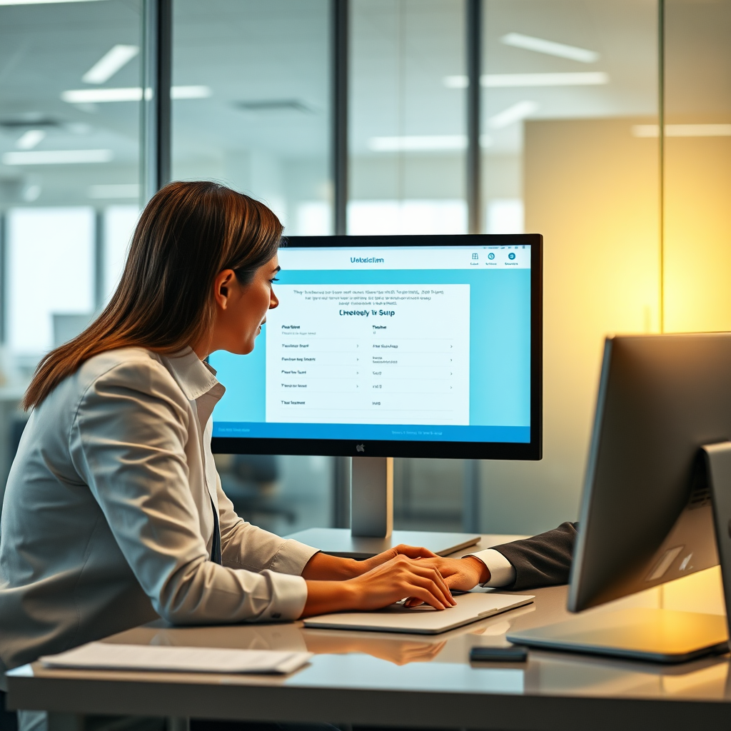 Create a photorealistic image depicting a financial advisor helping a client set up their SWP on a computer. The scene should be set in a modern office. The advisor and client should be looking at the screen together, engaged in a collaborative discussion. The screen displays a user-friendly SWP setup interface. Lighting should be bright and professional. Camera angle: medium shot, focusing on the advisor, the client, and the computer screen. Technical specs: 8K resolution, hyperrealistic rendering, detailed textures, natural lighting.