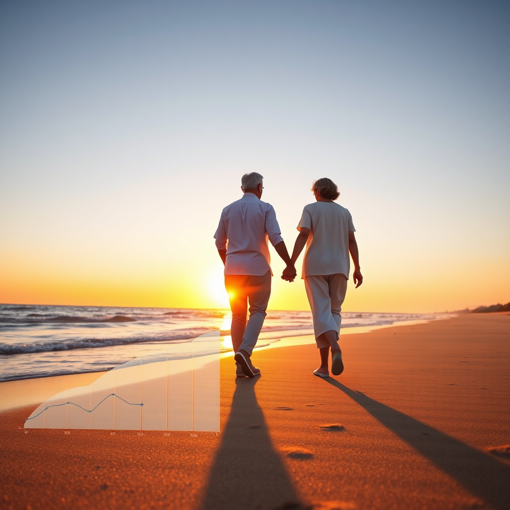 Create a photorealistic, ultra-high-quality hero image for IFEL, a financial planning company. The scene depicts a serene beach at sunset, with a mature couple walking hand-in-hand towards the horizon. In the foreground, subtly layered, translucent charts and graphs symbolize financial growth and stability. The lighting should be warm and golden, casting long shadows and creating a sense of peace and contentment. The color palette should consist of soft blues, oranges, and yellows, evoking feelings of relaxation and security. The camera angle is a wide shot, capturing the vastness of the ocean and the couple's journey into a bright future. Pay close attention to texture details, such as the sand on the beach and the wrinkles on the couple's hands, to enhance realism. The environment should be calming and inviting, with gentle waves lapping at the shore. The overall style is hyperrealistic, aiming for 8K resolution. The image should encapsulate the importance of early retirement planning and the potential for a fulfilling life with proper investment. This image visually represents the benefits and feelings associated with "investment for retirement"