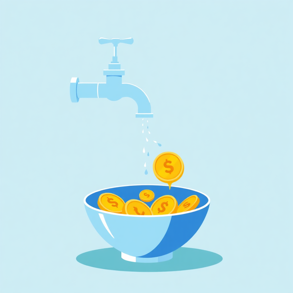Create a stylized digital illustration of a water tap dispensing golden coins into a bowl. The tap symbolizes SWP, and the coins represent regular income. The bowl should be overflowing slightly, indicating wealth generation even while withdrawing. The background should be a soft gradient of blues and greens, conveying calmness and security. Adopt a clean, minimalist style with bold colors and smooth gradients. The image should evoke feelings of reliable income and financial security.