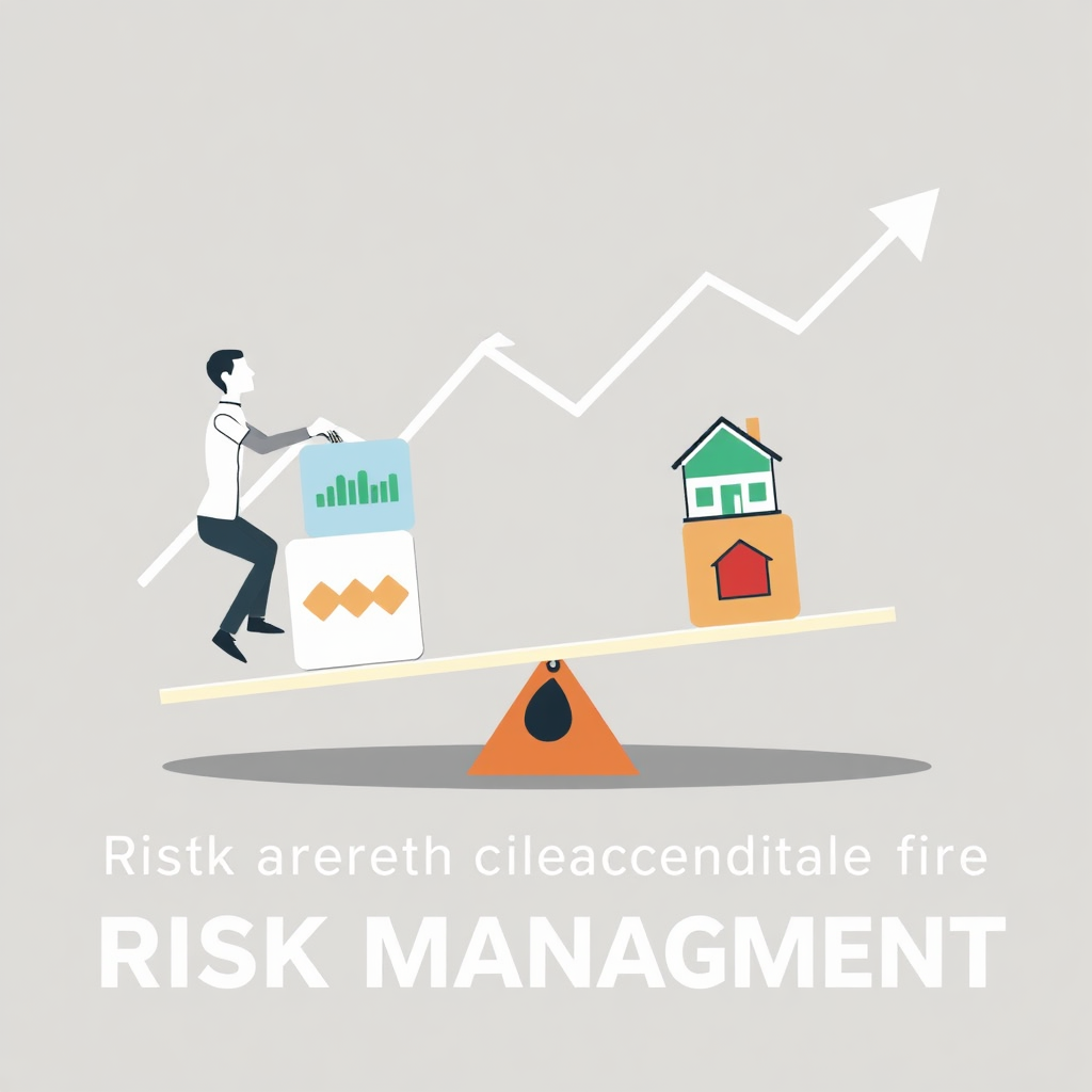  Create a stylized illustration of an investor carefully balancing various blocks, each representing different investment types (stocks, bonds, real estate). The blocks are arranged on a seesaw, symbolizing the balance between risk and reward. The background features a subtle graph representing market volatility, with arrows pointing both upwards and downwards. Use a clean, modern design with a muted color palette to convey a sense of stability and control. The overall style should be informative and visually appealing, emphasizing the importance of risk management in retirement planning.