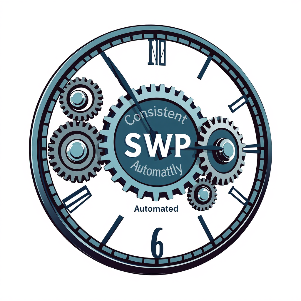 Create a stylized image depicting a clockwork mechanism with gears turning smoothly, symbolizing automated SWP withdrawals. Each gear should be labeled with relevant keywords (e.g., 'Consistent,' 'Timely,' 'Automated'). The background should be a clean and minimalist design. The color palette should be cool and professional. Camera angle: eye-level, focusing on the clockwork mechanism. Style reference: Steampunk-inspired. Technical specs: High-resolution, clean vector graphics, subtle shading and highlights.