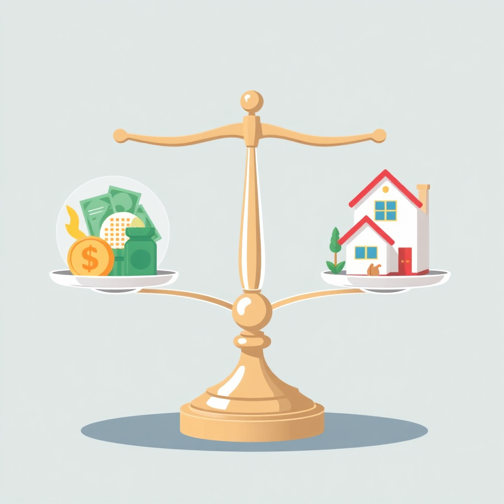 Create a stylized image depicting a balanced scale with various asset classes (e.g., stocks, bonds, real estate) on either side. The scale should be perfectly balanced, symbolizing a well-rebalanced portfolio. The background should be a clean and minimalist design. The color palette should be harmonious and professional. Camera angle: eye-level, focusing on the balanced scale. Style reference: Minimalist and modern. Technical specs: High-resolution, clean vector graphics, subtle shading and highlights.