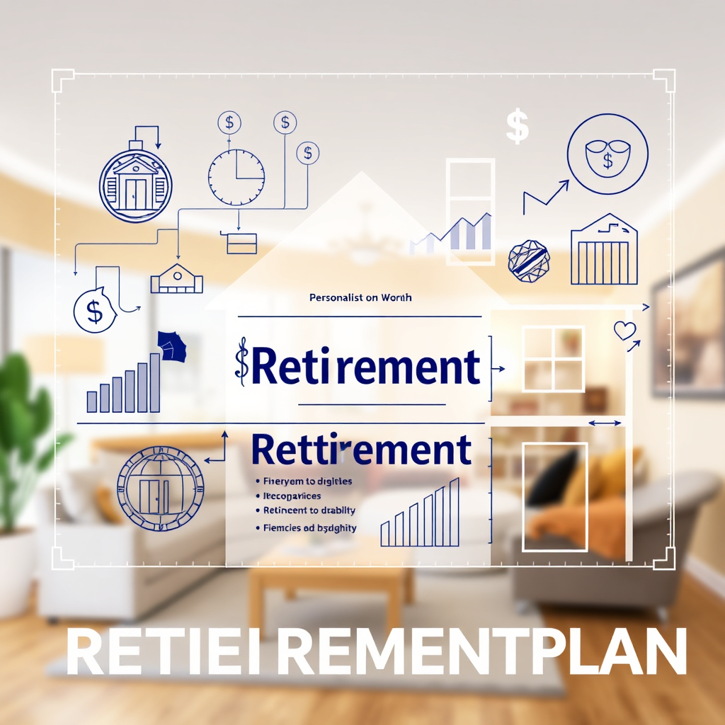 Create a stylized image of a blueprint for a house, with various financial symbols and charts integrated into the design. The blueprint is personalized with the individual's name and retirement goals. The background should showcase a comfortable home environment, representing the desired retirement lifestyle. Use a warm and inviting color palette to convey a sense of security and personalization. The overall style should be professional and trustworthy, highlighting the value of a customized retirement plan.