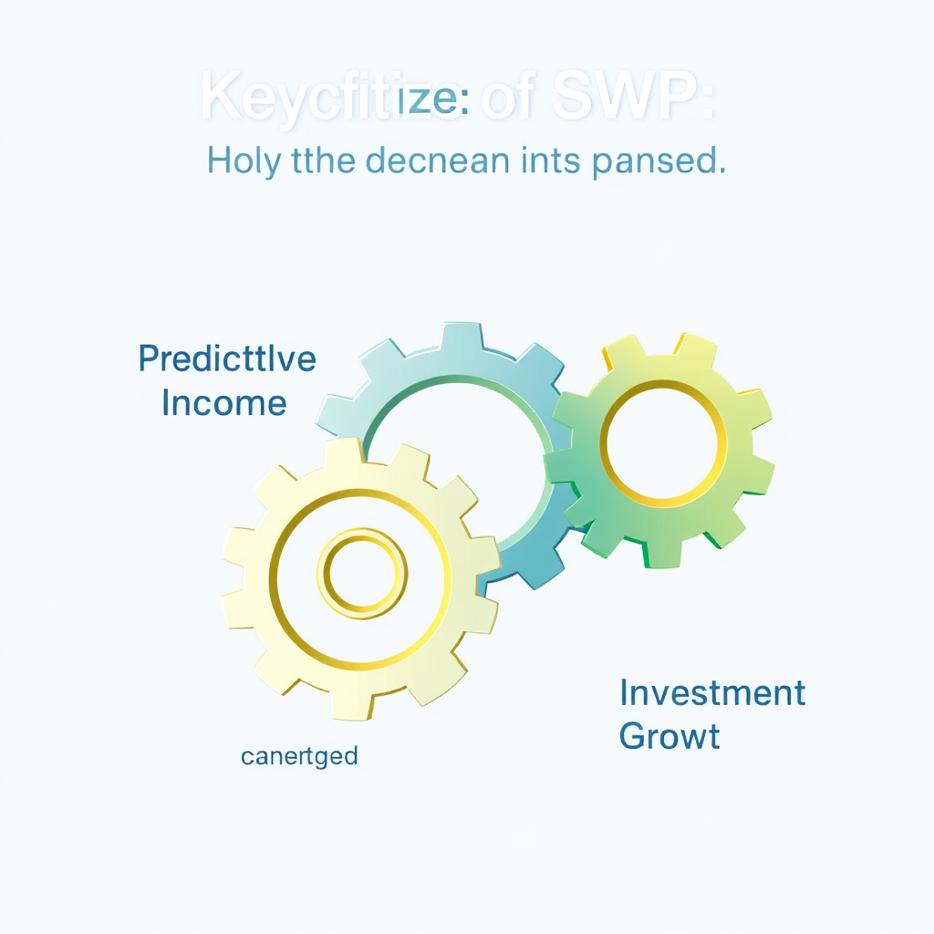 Create a stylized image showcasing three interconnected gears, each representing a key benefit of SWP: 'Predictable Income,' 'Cash Flow Management,' and 'Investment Growth.' The gears should be interlocking smoothly, symbolizing synergy. The color palette should be a harmonious blend of blues, greens, and golds. The background should be clean and minimalist. Camera angle: eye-level, focusing on the interconnected gears. Style reference: Infographic style. Technical specs: High-resolution, clean vector graphics, subtle shading and highlights.