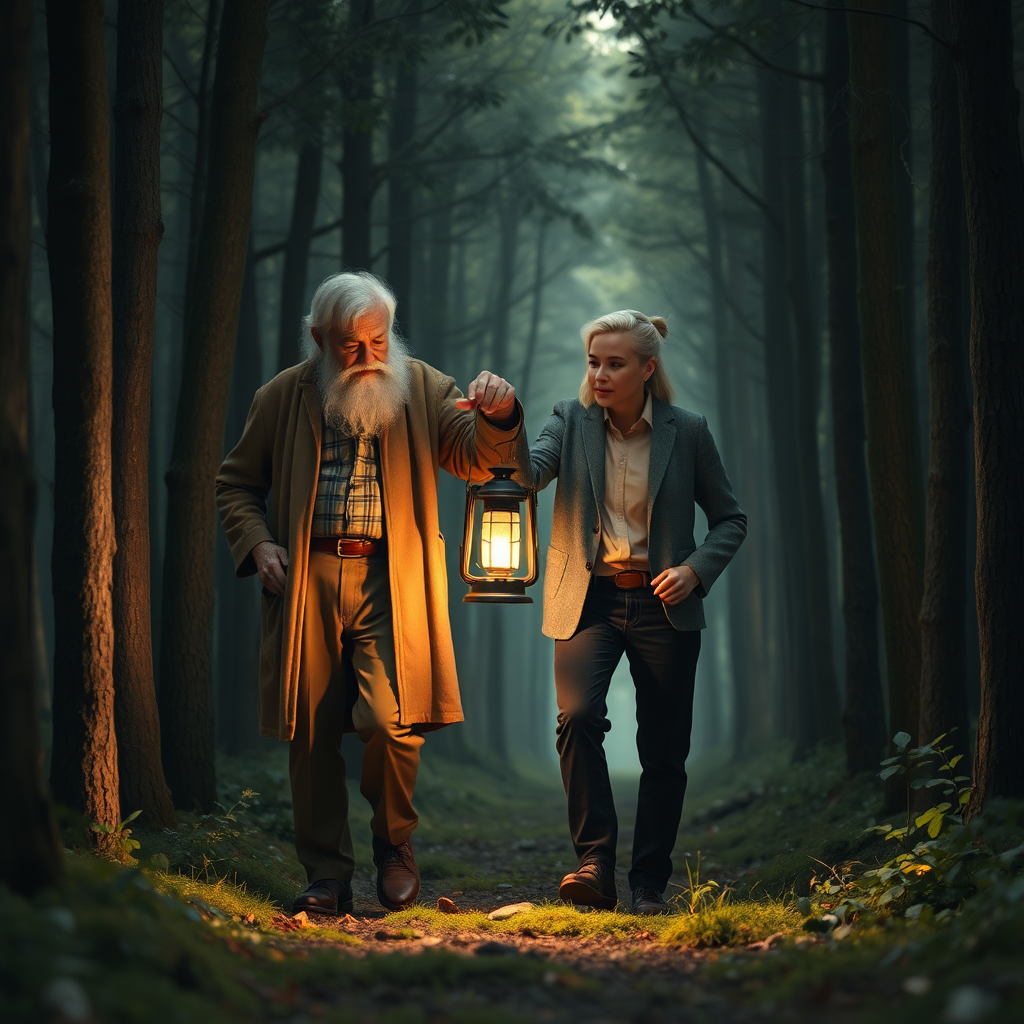 Create a visual of a wise, experienced mentor guiding a younger individual through a dense forest. The forest symbolizes the complexities of retirement planning, and the mentor is holding a lantern, illuminating the path forward. The lighting should be soft and warm, creating a sense of trust and guidance. The style is slightly stylized, focusing on the emotional connection between the mentor and mentee. The environment should be realistic, showcasing the challenges and rewards of navigating the financial landscape.