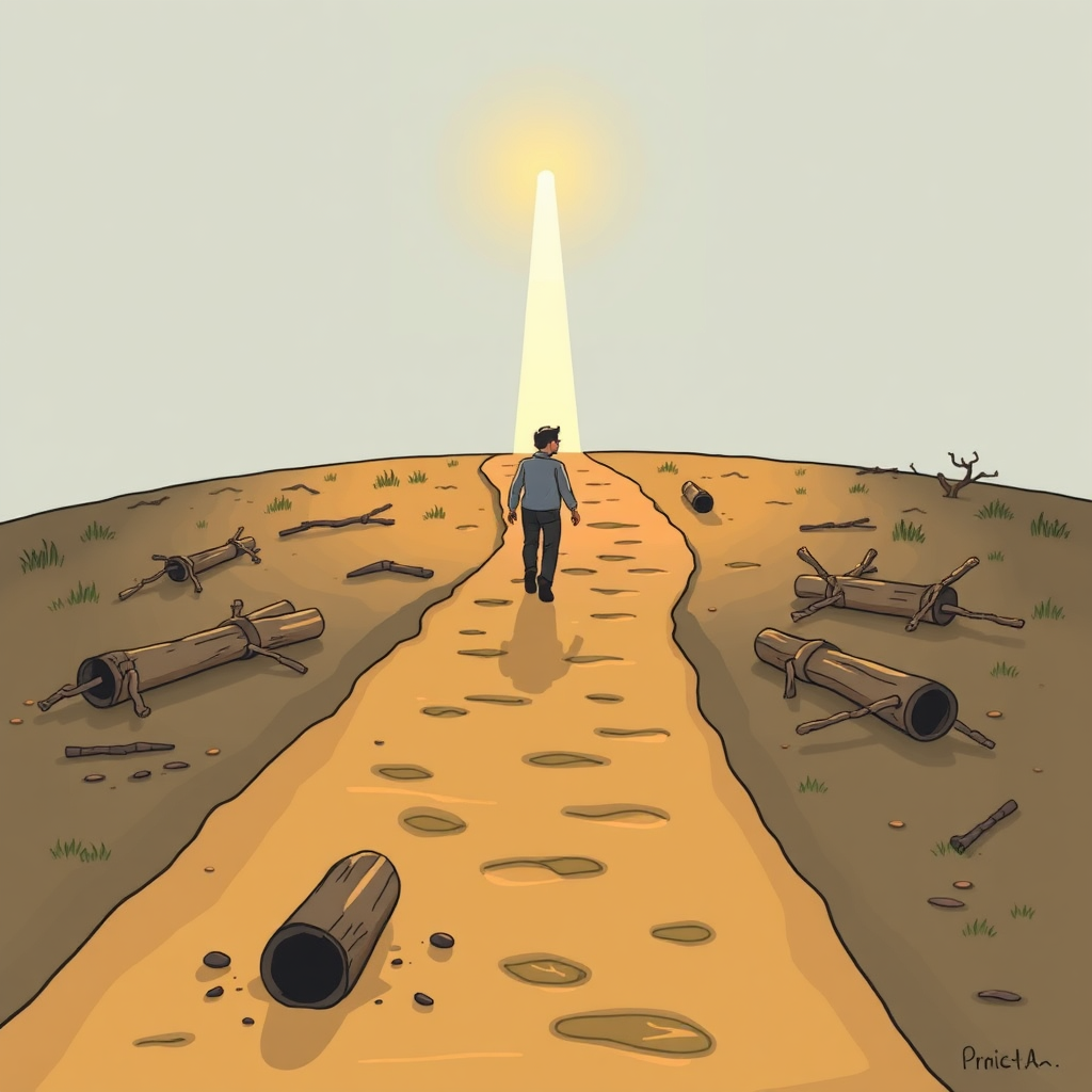 Depict a person walking on a path filled with traps and obstacles, such as quicksand and fallen logs. In the distance, a guiding light shines, representing the advice and support of a financial mentor. The style is slightly cartoonish but realistic, emphasizing the dangers of navigating retirement planning without expert guidance. The color palette should be muted, with pops of bright color highlighting the guiding light. This visual emphasizes how a mentor helps investors avoid retirement planning mistakes.