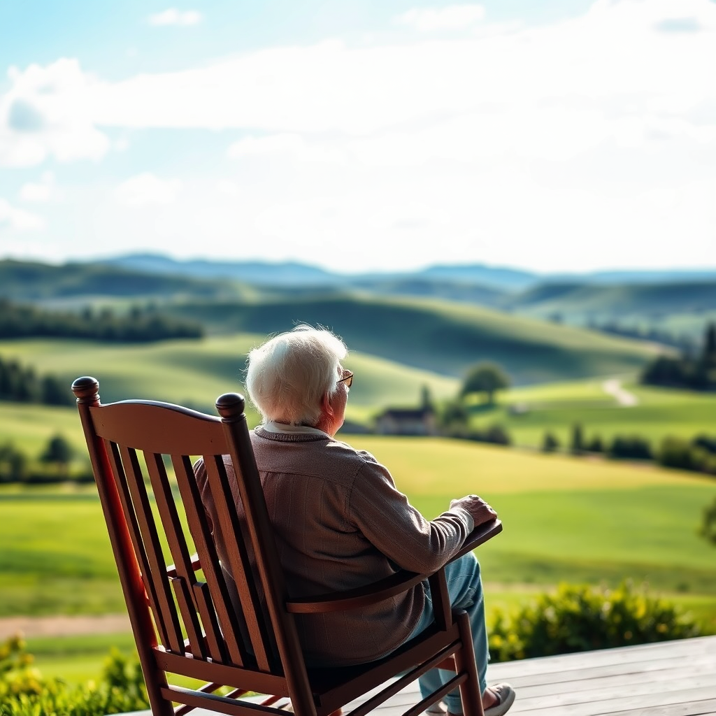 Depict a serene landscape with a clear blue sky and rolling green hills. In the foreground, a comfortable rocking chair sits on a porch, overlooking the landscape. A smiling elderly couple is enjoying the view, symbolizing a fulfilling and secure retirement. The lighting should be soft and warm, creating a sense of peace and contentment. The style is photorealistic, emphasizing the beauty and tranquility of retirement. This image represents the overall sense of long-term financial security provided by financial planning